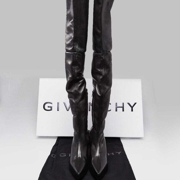 Givenchy Black Leather Stretch Over The Knee Wedge Boots Size 6.5/37 - Picture 1 of 5